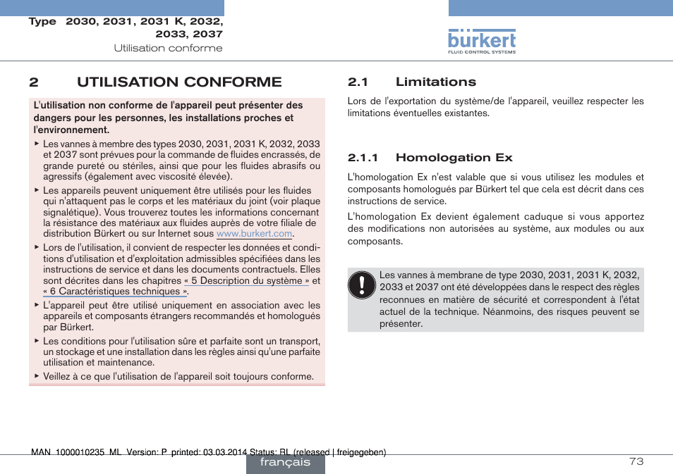 2 utilisation conforme, 1 limitations, 2utilisation conforme | Burkert Type 2037 User Manual | Page 73 / 106