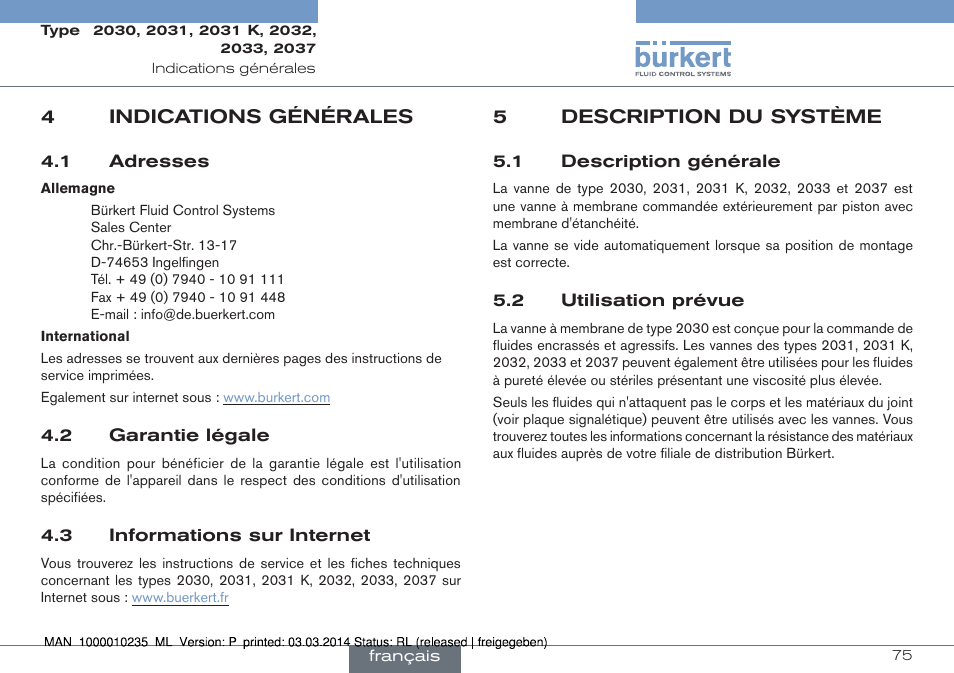 4 indications générales, 5 description du système, 1 description générale 5.2 utilisation prévue | Burkert Type 2037 User Manual | Page 75 / 106