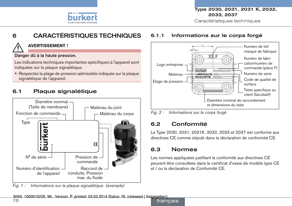6 caractéristiques techniques, 1 plaque signalétique 6.2 conformité 6.3 normes, 6caractéristiques techniques | Burkert Type 2037 User Manual | Page 76 / 106