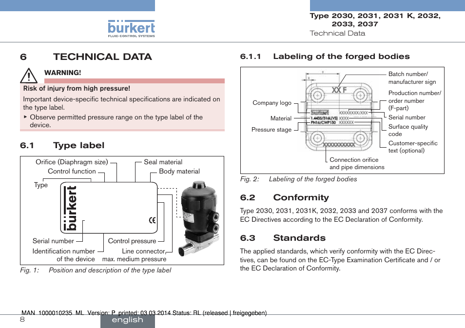 6 technical data, 1 type label 6.2 conformity 6.3 standards, 6technical data | Burkert Type 2037 User Manual | Page 8 / 106