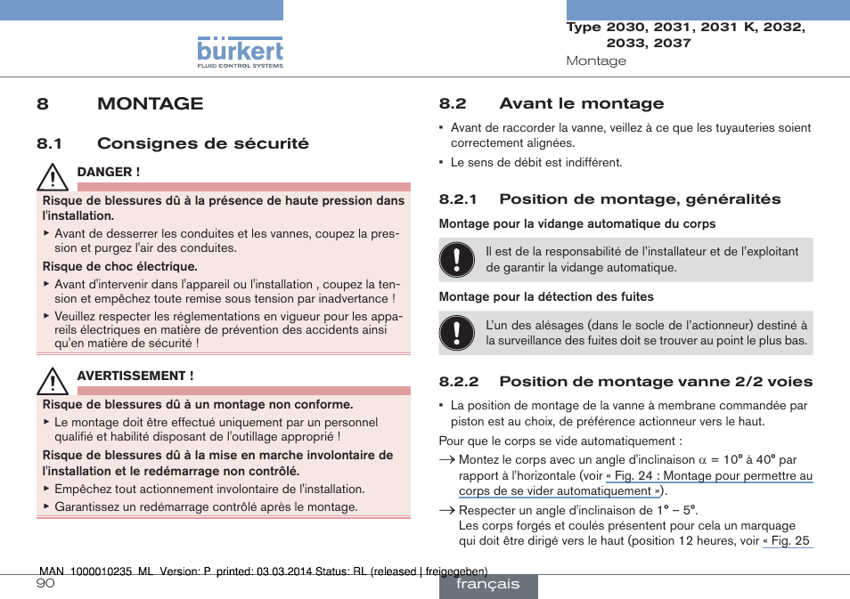 8 montage, 1 consignes de sécurité 8.2 avant le montage, 8montage | Burkert Type 2037 User Manual | Page 90 / 106