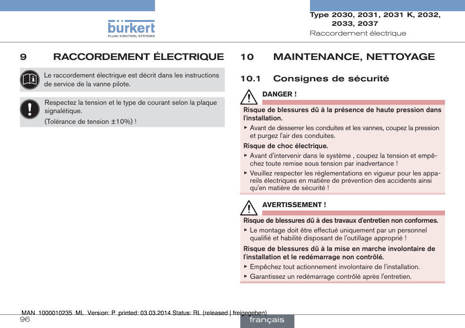 9 raccordement électrique, 10 maintenance, nettoyage, 1 consignes de sécurité | 9raccordement électrique | Burkert Type 2037 User Manual | Page 96 / 106
