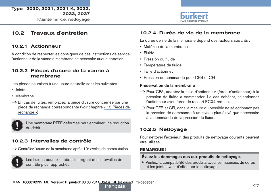 2 travaux d'entretien | Burkert Type 2037 User Manual | Page 97 / 106