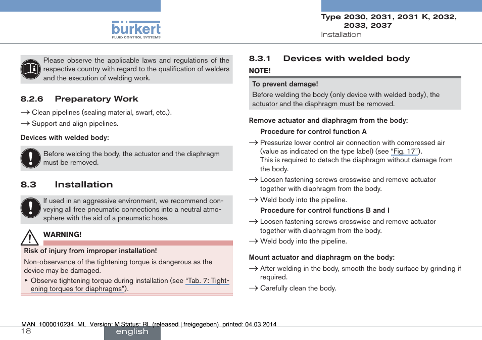 3 installation | Burkert Type 2037 User Manual | Page 18 / 82