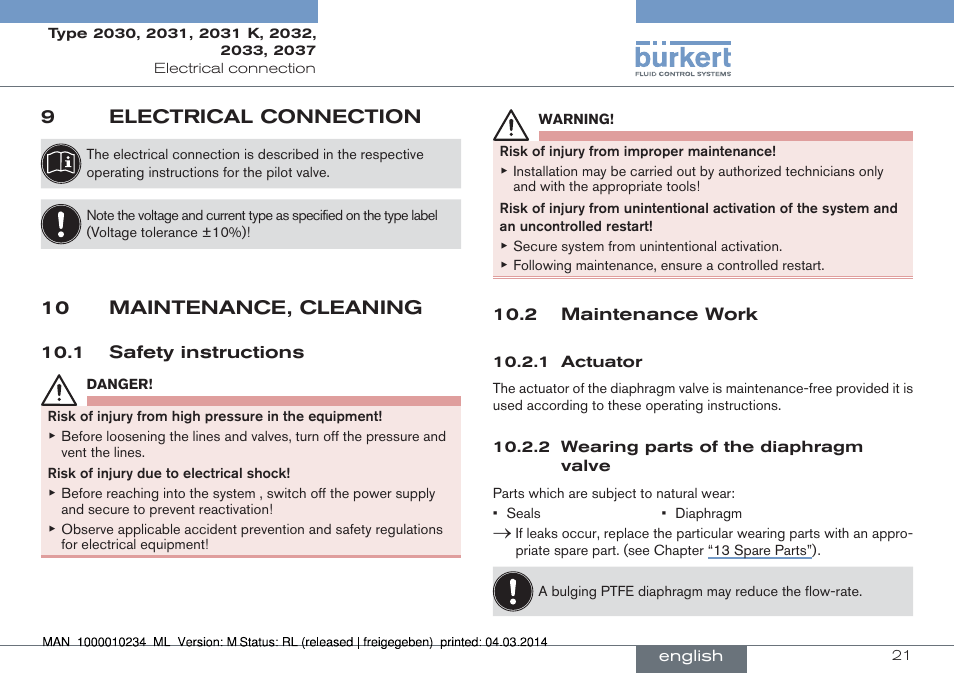 9 electrical connection, 10 maintenance, cleaning, 1 safety instructions 10.2 maintenance work | 9electrical connection | Burkert Type 2037 User Manual | Page 21 / 82