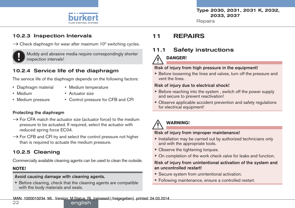 11 repairs, 1 safety instructions | Burkert Type 2037 User Manual | Page 22 / 82