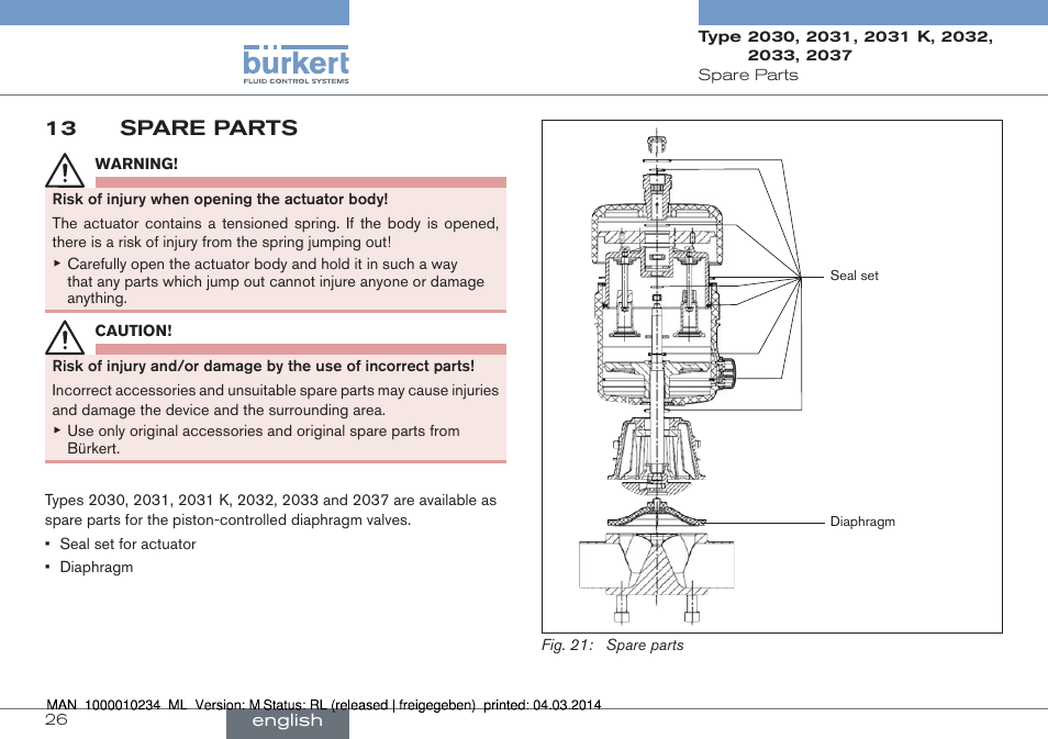 13 spare parts | Burkert Type 2037 User Manual | Page 26 / 82