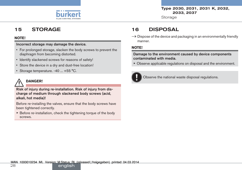 15 storage, 16 disposal | Burkert Type 2037 User Manual | Page 28 / 82