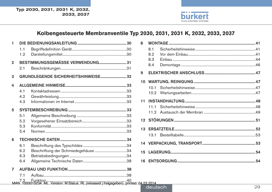 Deutsch | Burkert Type 2037 User Manual | Page 29 / 82