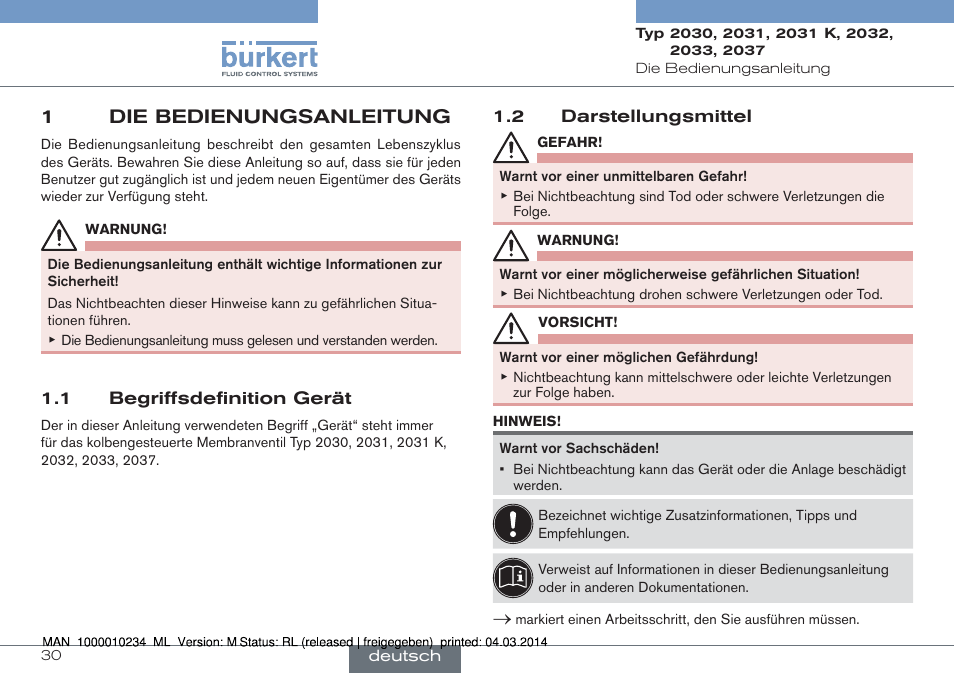 1 die bedienungsanleitung, 1 begriffsdefinition gerät 1.2 darstellungsmittel, 1die bedienungsanleitung | Burkert Type 2037 User Manual | Page 30 / 82