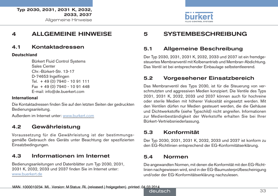 4 allgemeine hinweise, 5 systembeschreibung | Burkert Type 2037 User Manual | Page 33 / 82