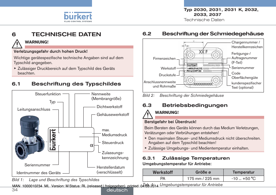 6 technische daten, 6technische daten | Burkert Type 2037 User Manual | Page 34 / 82