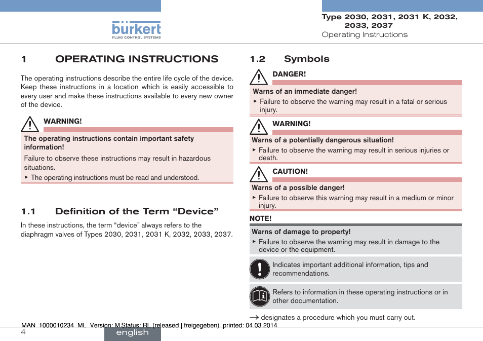 1 operating instructions, 1 definition of the term “device” 1.2 symbols, 1operating instructions | Burkert Type 2037 User Manual | Page 4 / 82