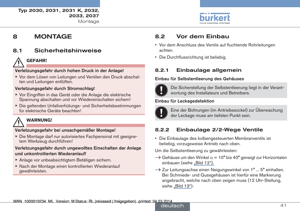 8 montage, 1 sicherheitshinweise 8.2 vor dem einbau, 8montage | Burkert Type 2037 User Manual | Page 41 / 82