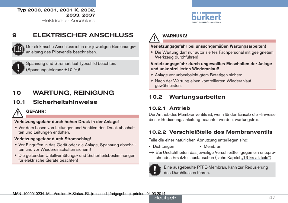 9 elektrischer anschluss, 10 wartung, reinigung, 1 sicherheitshinweise 10.2 wartungsarbeiten | 9elektrischer anschluss | Burkert Type 2037 User Manual | Page 47 / 82