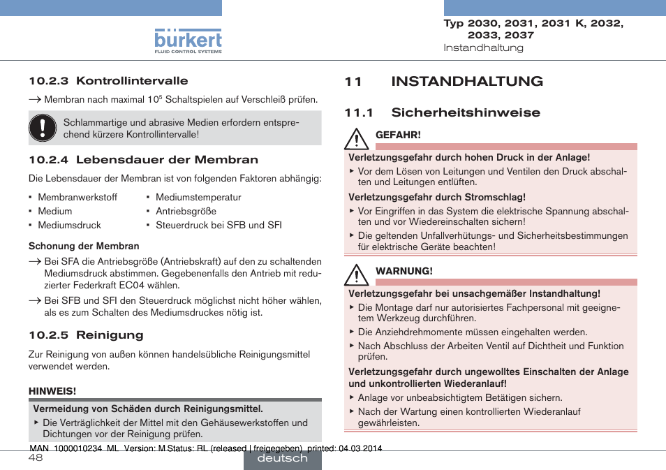 11 instandhaltung, 1 sicherheitshinweise | Burkert Type 2037 User Manual | Page 48 / 82