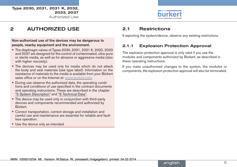 2 authorized use, 1 restrictions, 2authorized use | Burkert Type 2037 User Manual | Page 5 / 82