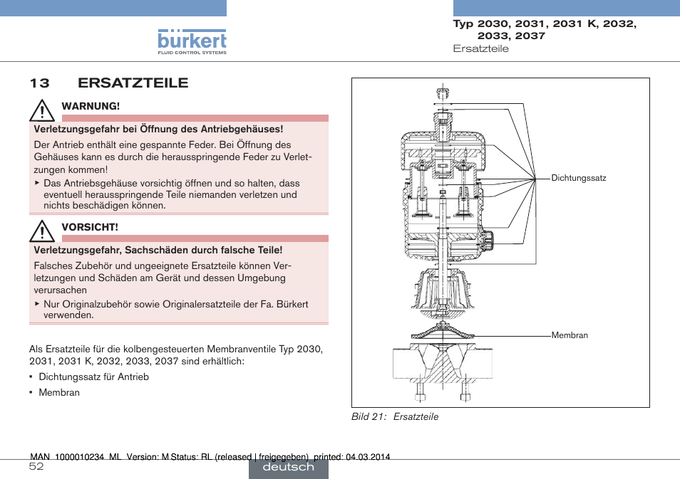 13 ersatzteile | Burkert Type 2037 User Manual | Page 52 / 82