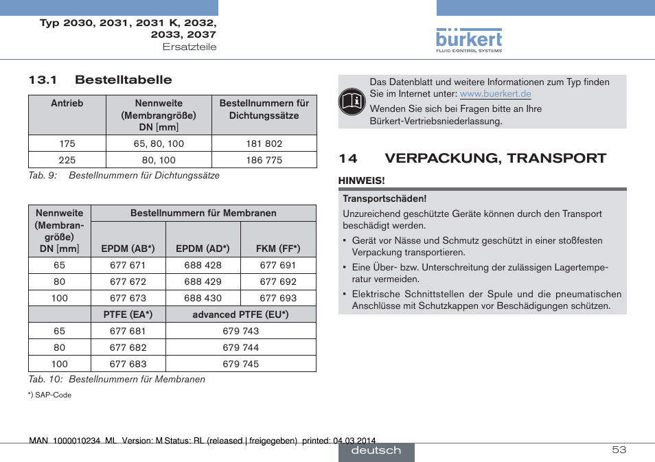 1 bestelltabelle, 14 verpackung, transport | Burkert Type 2037 User Manual | Page 53 / 82