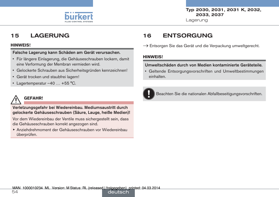 15 lagerung, 16 entsorgung | Burkert Type 2037 User Manual | Page 54 / 82