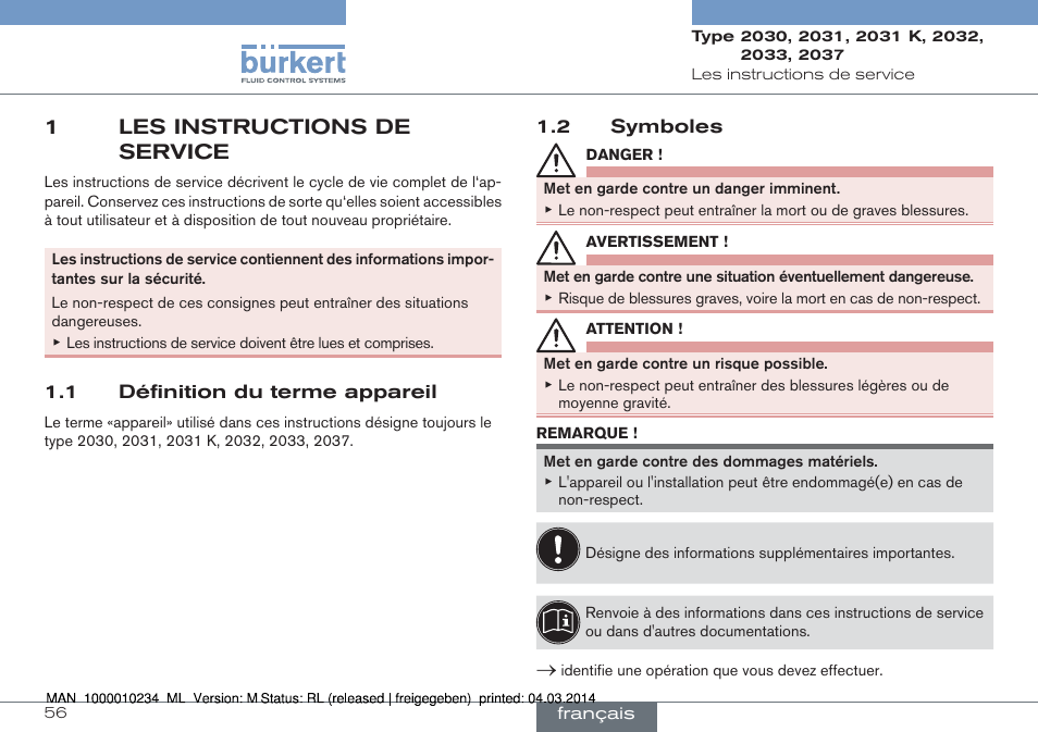 1 les instructions de service, 1 définition du terme appareil 1.2 symboles, 1les instructions de service | Burkert Type 2037 User Manual | Page 56 / 82