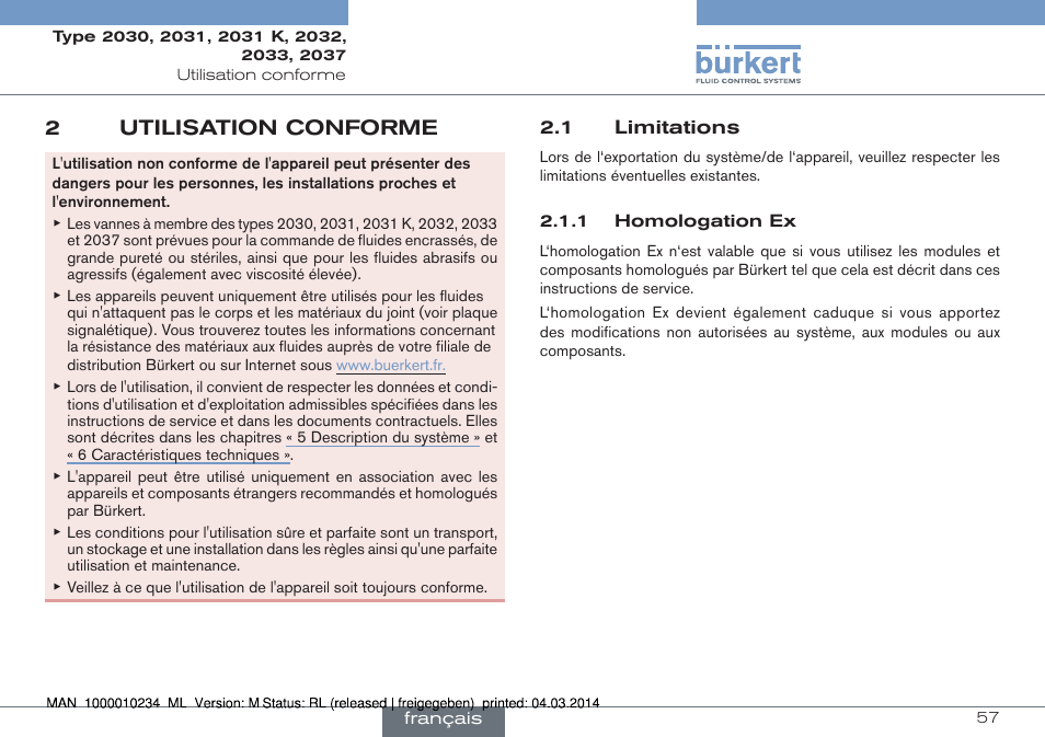 2 utilisation conforme, 1 limitations, 2utilisation conforme | Burkert Type 2037 User Manual | Page 57 / 82