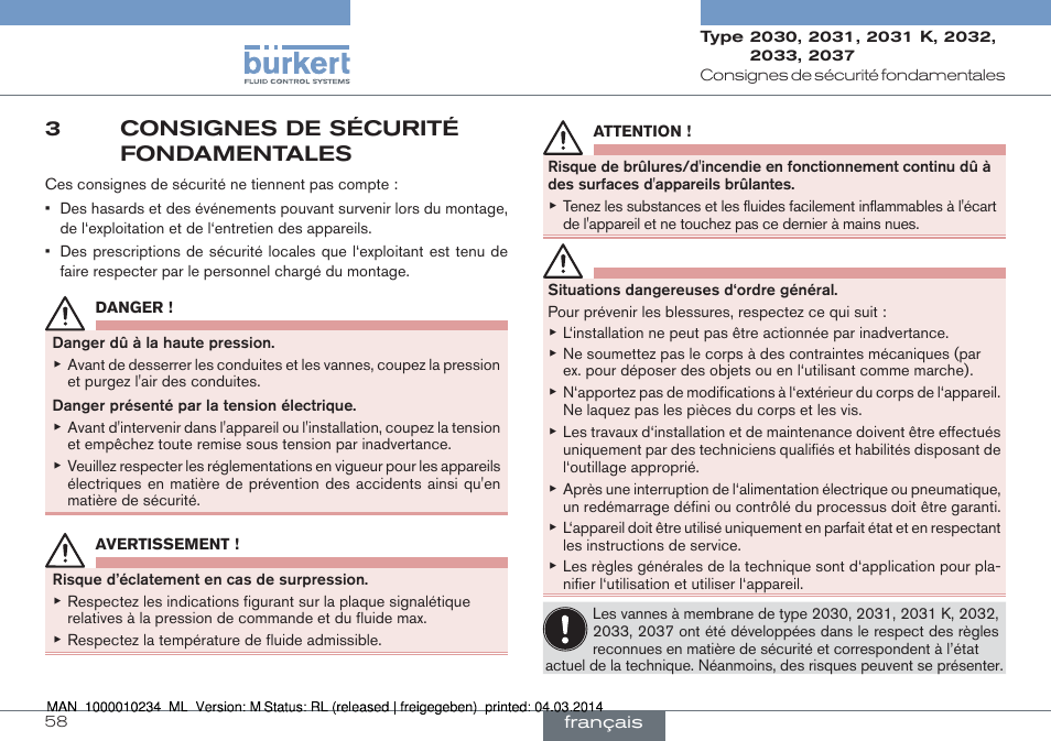 3 consignes de sécurité fondamentales, 3consignes de sécurité fondamentales | Burkert Type 2037 User Manual | Page 58 / 82