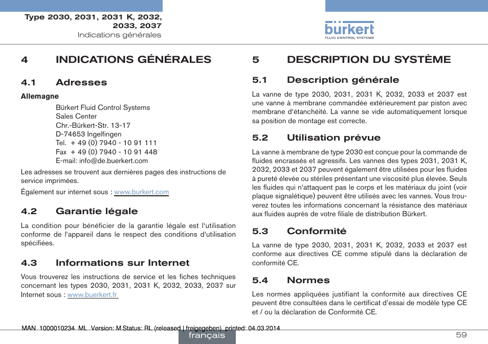 4 indications générales, 5 description du système | Burkert Type 2037 User Manual | Page 59 / 82