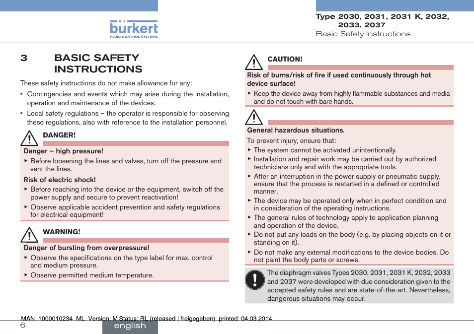 3 basic safety instructions, 3basic safety instructions | Burkert Type 2037 User Manual | Page 6 / 82