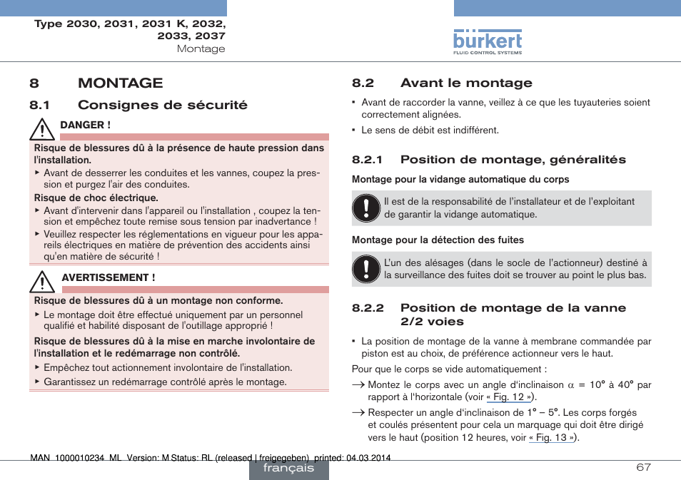 8 montage, 1 consignes de sécurité 8.2 avant le montage, 8montage | Burkert Type 2037 User Manual | Page 67 / 82