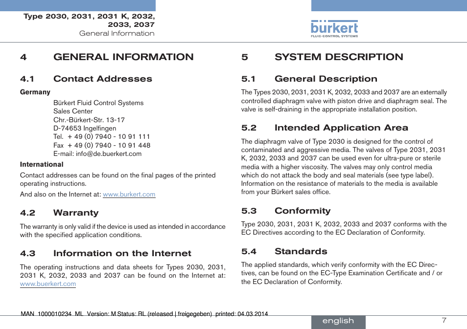 4 general information, 5 system description | Burkert Type 2037 User Manual | Page 7 / 82