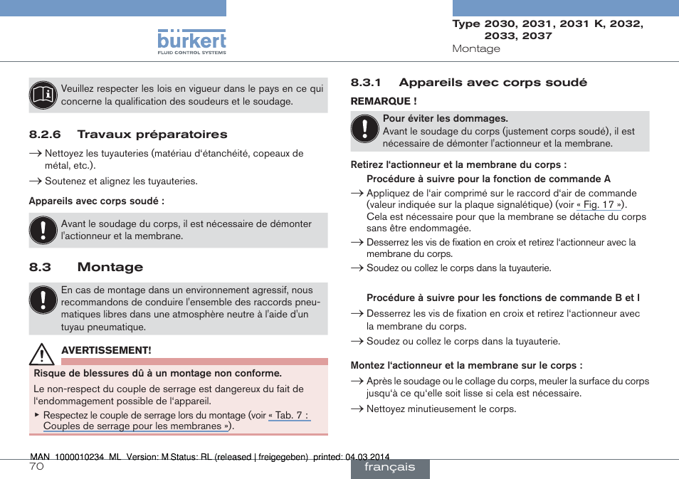 3 montage | Burkert Type 2037 User Manual | Page 70 / 82