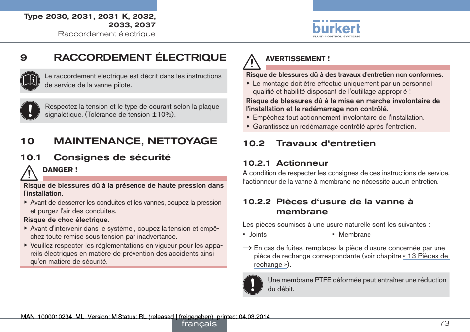 9 raccordement électrique, 10 maintenance, nettoyage, 1 consignes de sécurité 10.2 travaux d‘entretien | 9raccordement électrique | Burkert Type 2037 User Manual | Page 73 / 82