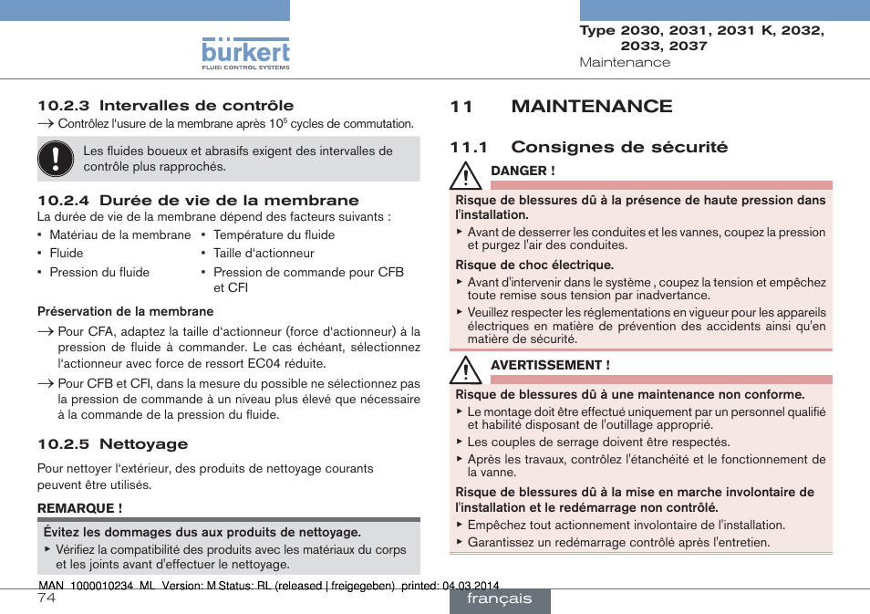 11 maintenance, 1 consignes de sécurité | Burkert Type 2037 User Manual | Page 74 / 82