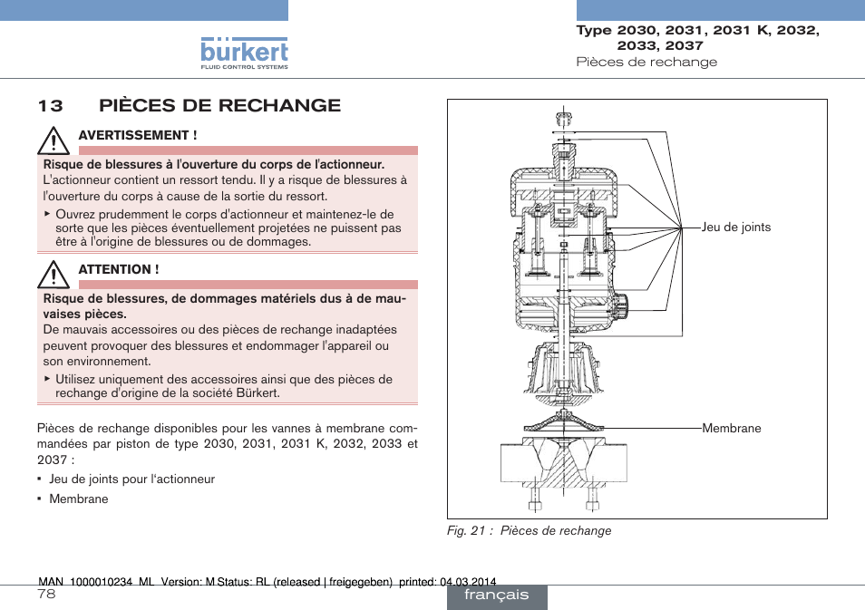 13 pièces de rechange | Burkert Type 2037 User Manual | Page 78 / 82