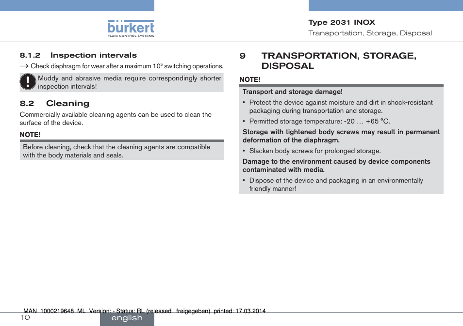 9 transportation, storage, disposal | Burkert Type 2031 User Manual | Page 10 / 28