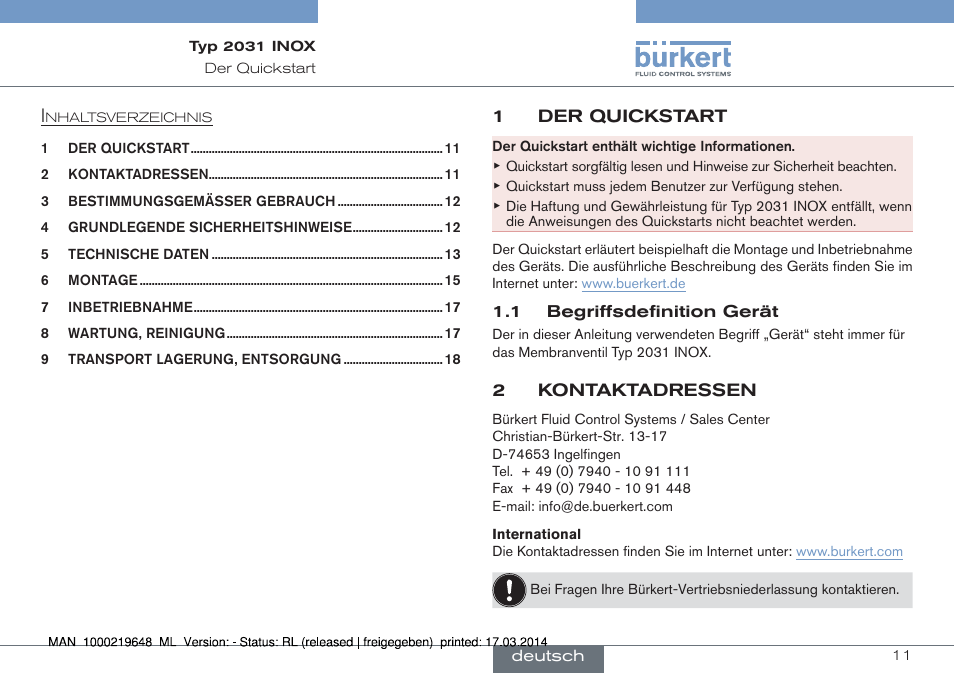 Deutsch | Burkert Type 2031 User Manual | Page 11 / 28