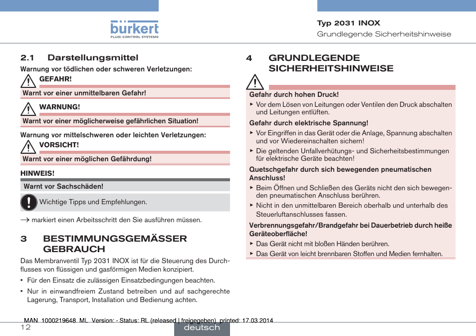 3 bestimmungsgemässer gebrauch, 4 grundlegende sicherheitshinweise | Burkert Type 2031 User Manual | Page 12 / 28