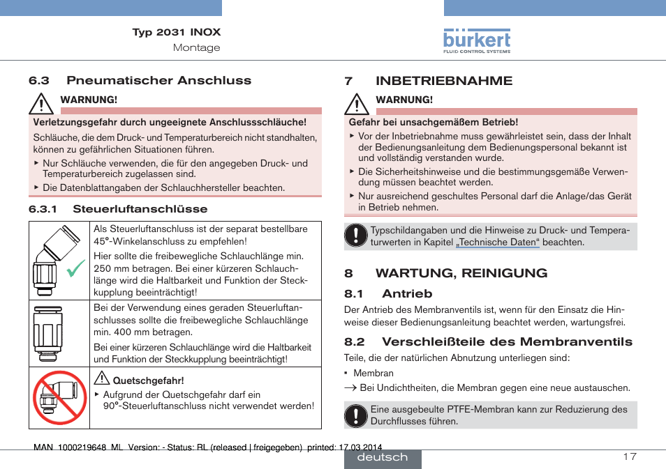 7 inbetriebnahme, 8 wartung, reinigung | Burkert Type 2031 User Manual | Page 17 / 28