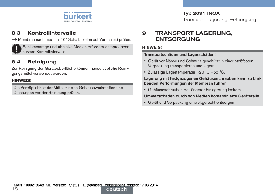 9 transport lagerung, entsorgung | Burkert Type 2031 User Manual | Page 18 / 28