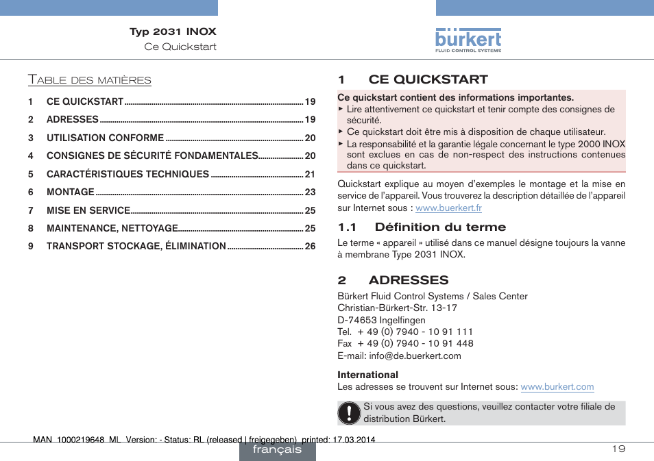 Français | Burkert Type 2031 User Manual | Page 19 / 28