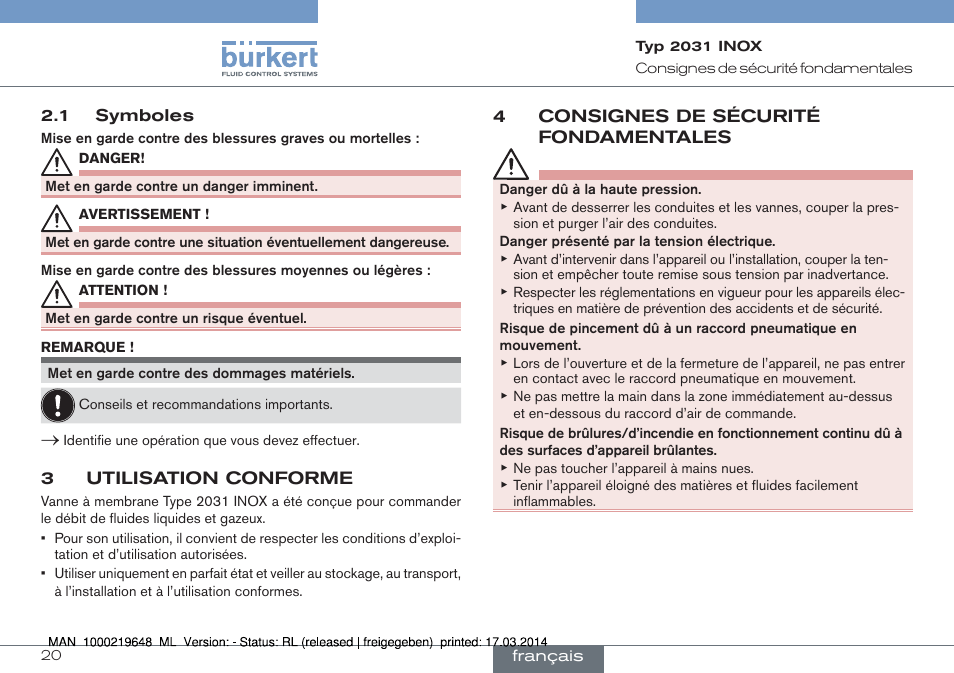 3 utilisation conforme, 4 consignes de sécurité fondamentales | Burkert Type 2031 User Manual | Page 20 / 28