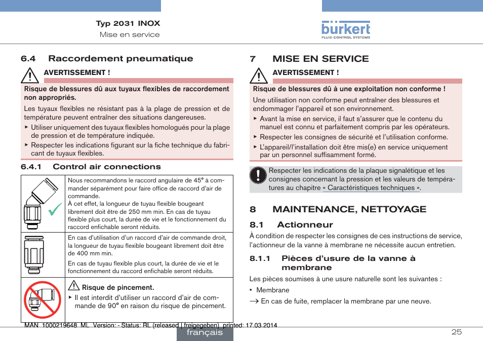 7 mise en service, 8 maintenance, nettoyage | Burkert Type 2031 User Manual | Page 25 / 28