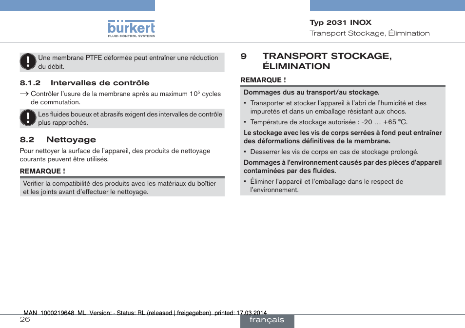 9 transport stockage, élimination | Burkert Type 2031 User Manual | Page 26 / 28