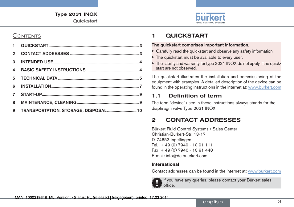 English | Burkert Type 2031 User Manual | Page 3 / 28