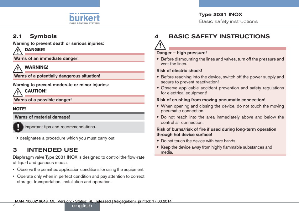 3 intended use, 4 basic safety instructions | Burkert Type 2031 User Manual | Page 4 / 28