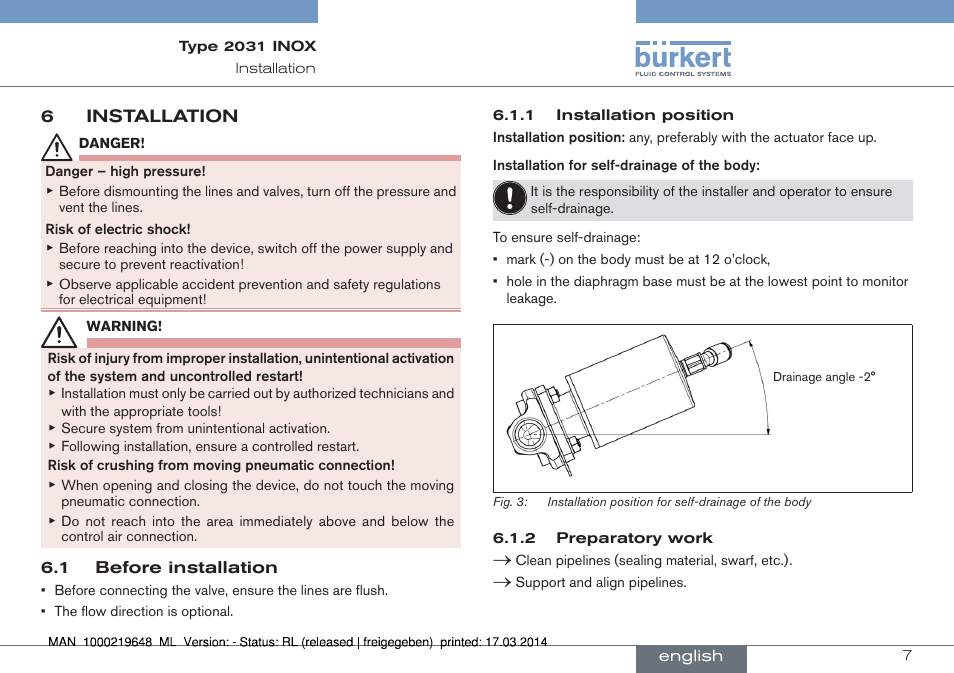 6 installation | Burkert Type 2031 User Manual | Page 7 / 28