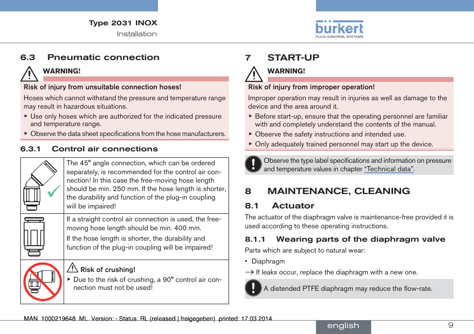 7 start-up, 8 maintenance, cleaning | Burkert Type 2031 User Manual | Page 9 / 28