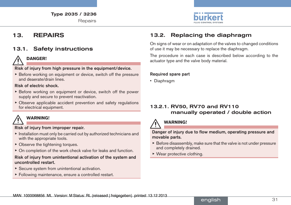 Repairs | Burkert Type 3236 User Manual | Page 31 / 124