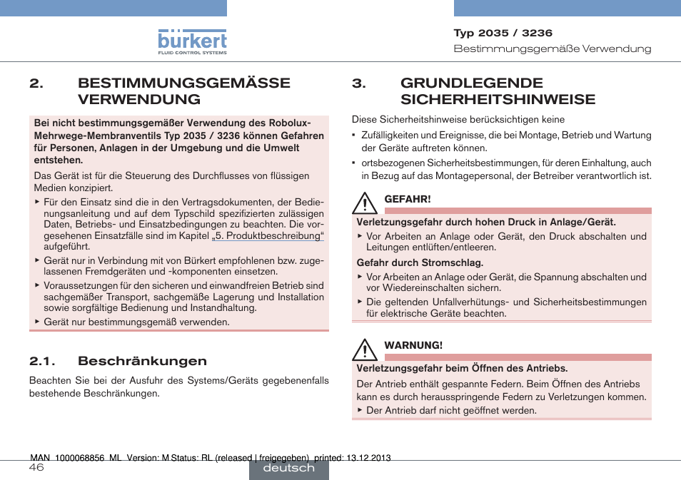 Bestimmungsgemässe verwendung, Grundlegende sicherheitshinweise | Burkert Type 3236 User Manual | Page 46 / 124